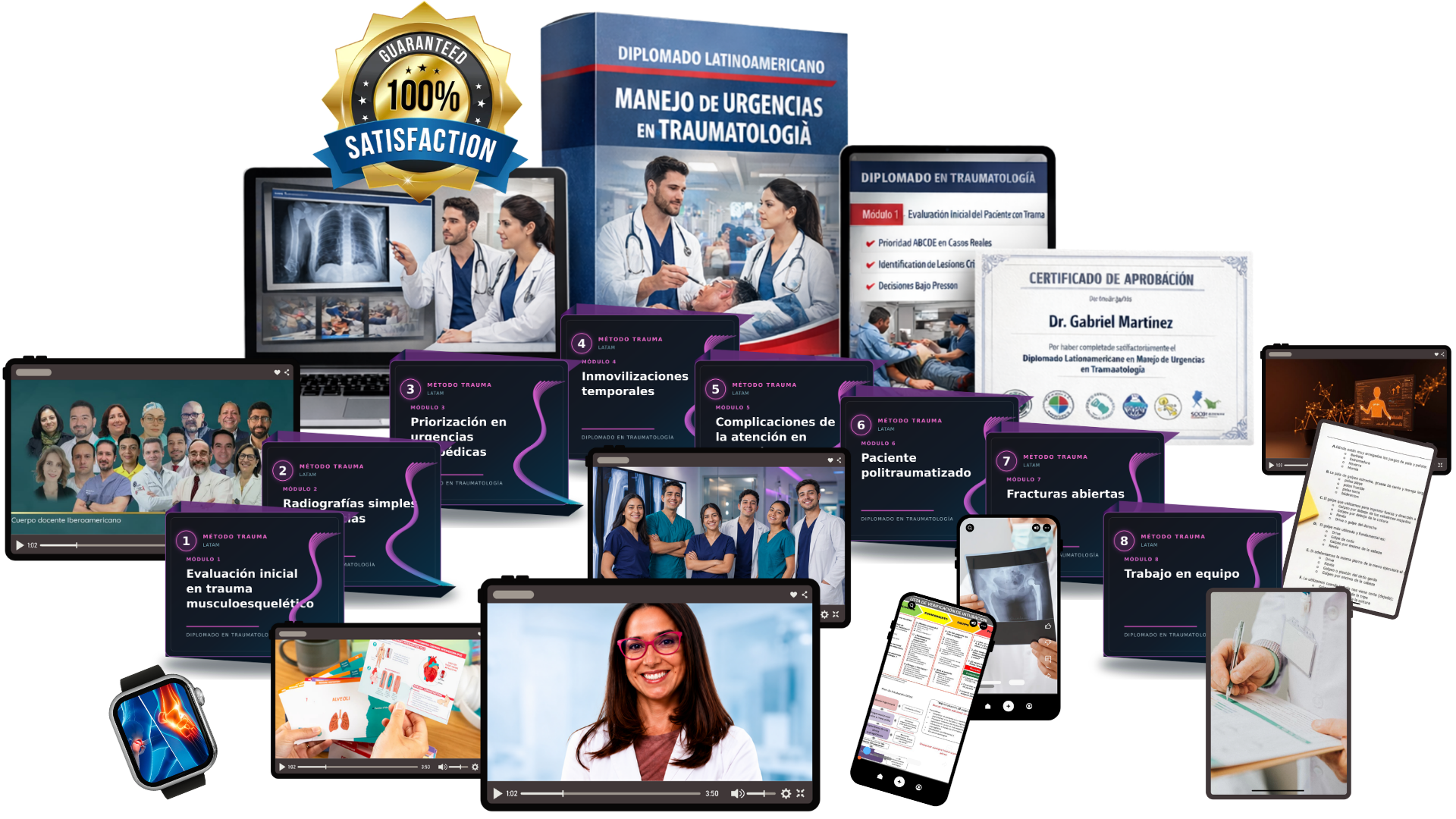 Mockup del Diplomado: caja del programa, laptop, tablet y certificado