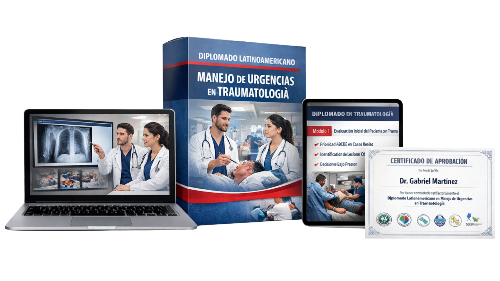 Mockup del Diplomado: caja del programa, laptop, tablet y certificado